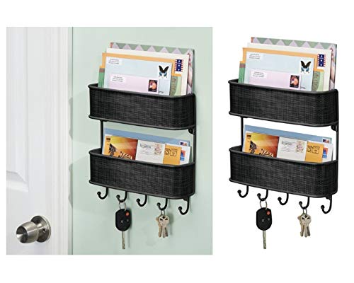 InterDesign Twillo Wandorganizer, für Post und Schlüssel, doppelte Briefablage und Schlüsselbrett mit 5 Haken aus Metall und Kunststoff, schwarz