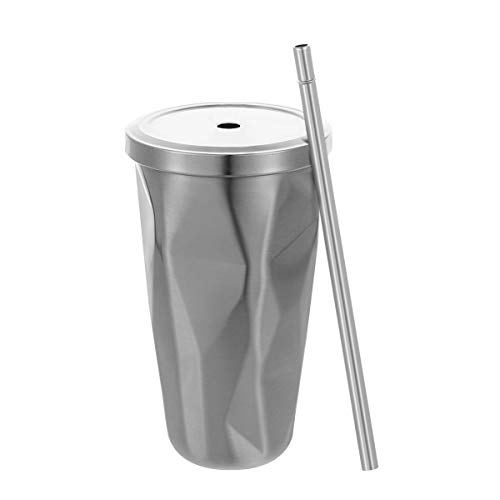 BESTonZON Edelstahl Tumbler mit Stroh Doppelwand Trinkbecher Kaffeetassen 500ml Unregelmäßiger Diamant mit Deckel (Silber)