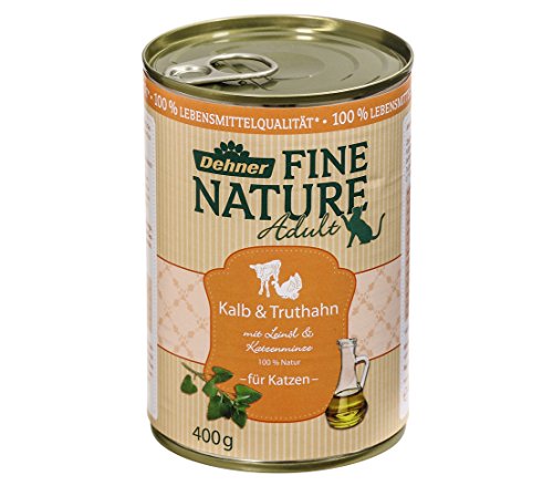 Dehner Fine Nature Katzenfutter Adult, Lebensmittelqualität, Kalb und Truthahn, 6 x 400 g (2.4 kg)