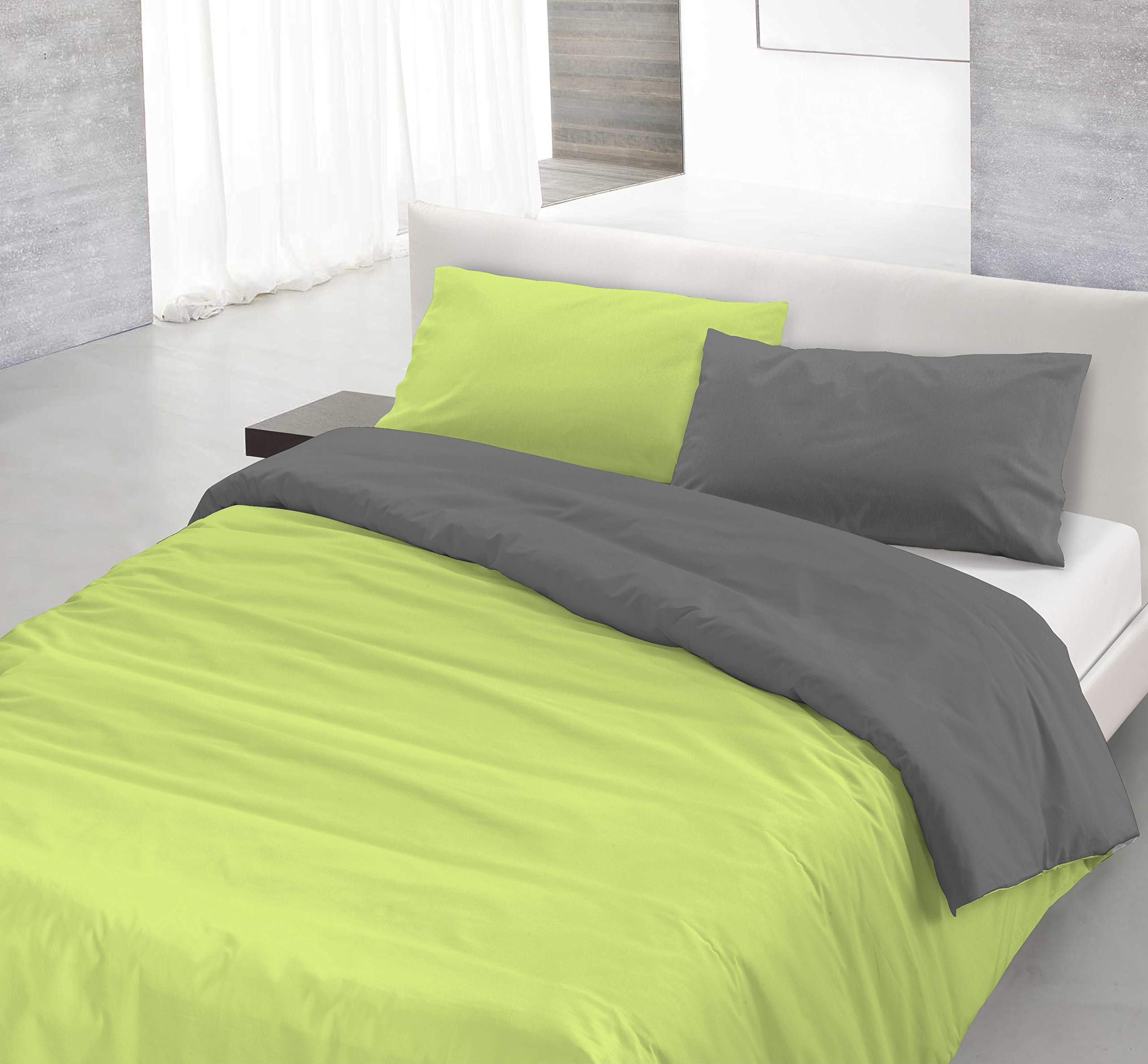 Italian Bed Linen Natural Color Doubleface Bettbezug, 100% Baumwolle, Säure grün/Rauch, Einzelne