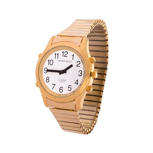 Sprechende Analog-Armbanduhr für Herren 38 mm goldfarben mit Metall-Zugband H-GM