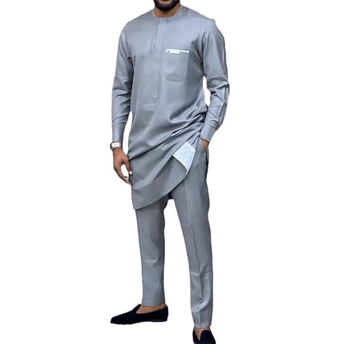 keephen Afrikanische Herrenbekleidung 2 Stück Set Langarm-Shirt + Hose Solide Farbe Rundhalsausschnitt Afrikanische Kurta Set