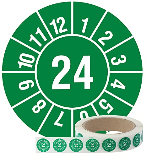 Labelident Jahresprüfplakette 2024 - Monate - Jahreszahl (JJ) - Ø 20 mm, 1000 widerstandsfähige Prüfplaketten auf Rolle, Polyethylen, grün, selbstklebend, Jahresplakette
