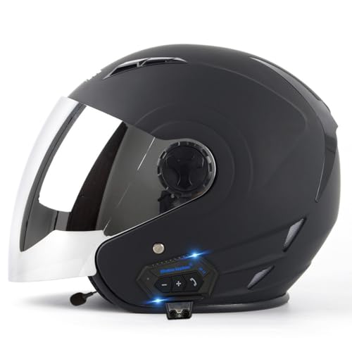 Bluetooth-Jethelm mit offenem Gesicht, Halbhelm für Motorradfahrer, DOT/ECE-geprüfter Bluetooth-3/4-Halbhelm, Motorradhelm mit offenem Gesicht, Vintage-Motorradhelme D,XL61 ~62CM