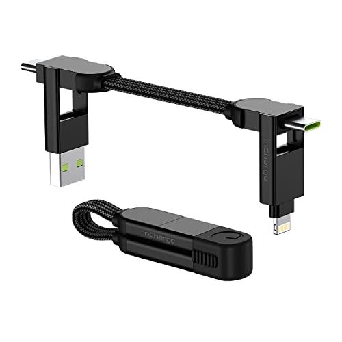 inCharge X 6-in-1 Ultraschnelles tragbares Kabel, 100 W, kompatibel mit Apple/Samsung/Huawei/Xiaomi/OnePlus, 3 integrierte Lightning/USB-C/MicroUSB-Geräten - Schwarz