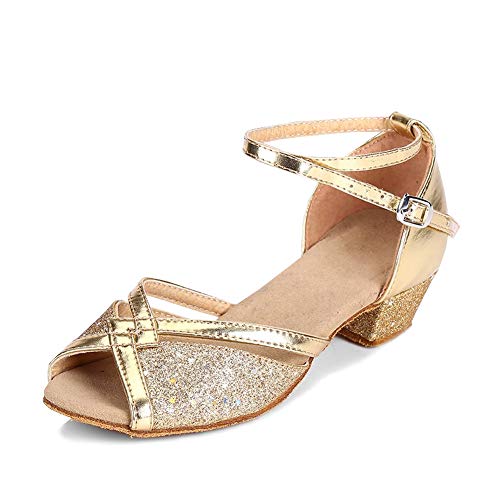 YFCH Mädchen/Damen Standard & Latein Schuhe Tanzschuhe Peep-Toe Tanz Schuhe Sandalen Pumps mit 3CM Absatz, Gold Glänzend, 36.5/37 EU(Label: 38)