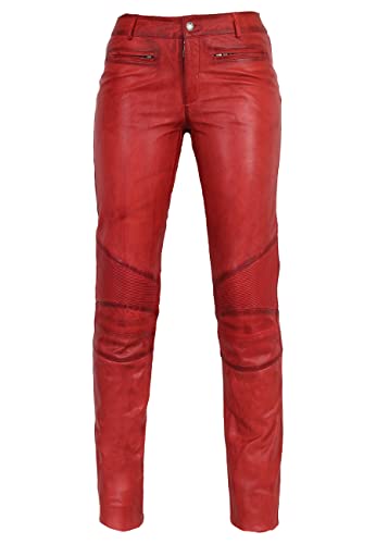 RICANO Donna - Damen Lederhose in Biker-Optik (Slim Fit/Regular Waist) - echtes (Premium) Ziegen Leder (Rot, M)