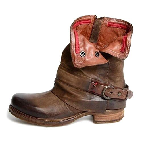 ORANDESIGNE Damen Retro Leder Stiefel Blockabsatz Stiefeletten Frauen Bequeme Schuhe mit Rutschfester Sohle Herbst Winter Casual Boots (A Braun, Numeric_41)