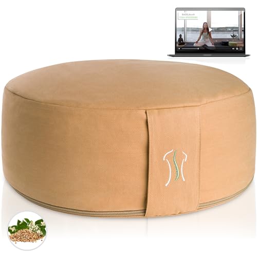 BACKLAxx ® Meditationskissen Yogakissen mit Buchweizenfüllung – Sitzhöhe 15cm und Sitzbreite 35cm – Yoga Sitzkissen rund inkl. Videokurs – Sitzkissen Boden Yogakissen rund Meditationskissen Set