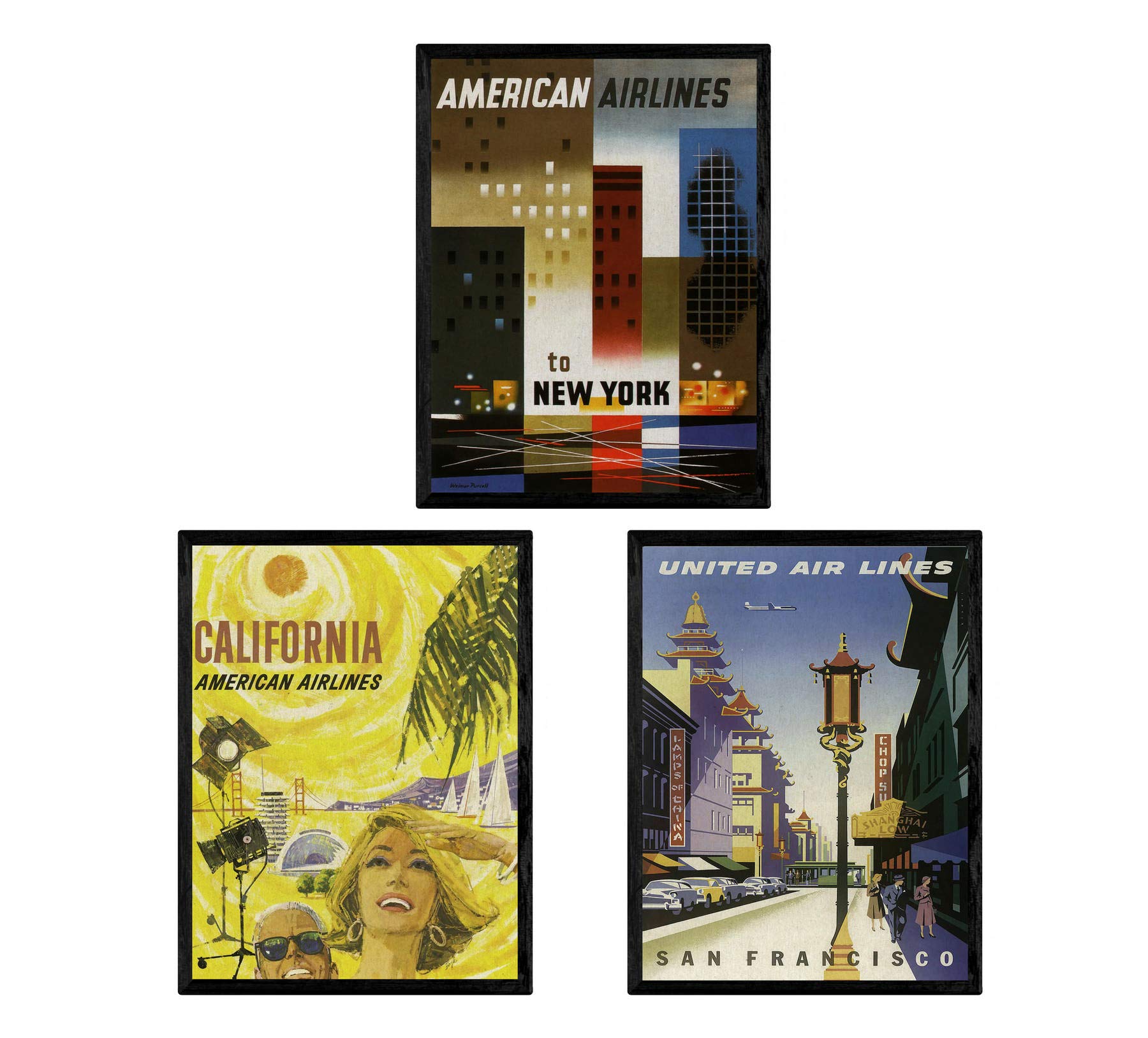 Nacnic Poster Jahrgang. Poster, die Welt der Werbung. DREI Weinleseblätter der US-Städte. A3 Größe