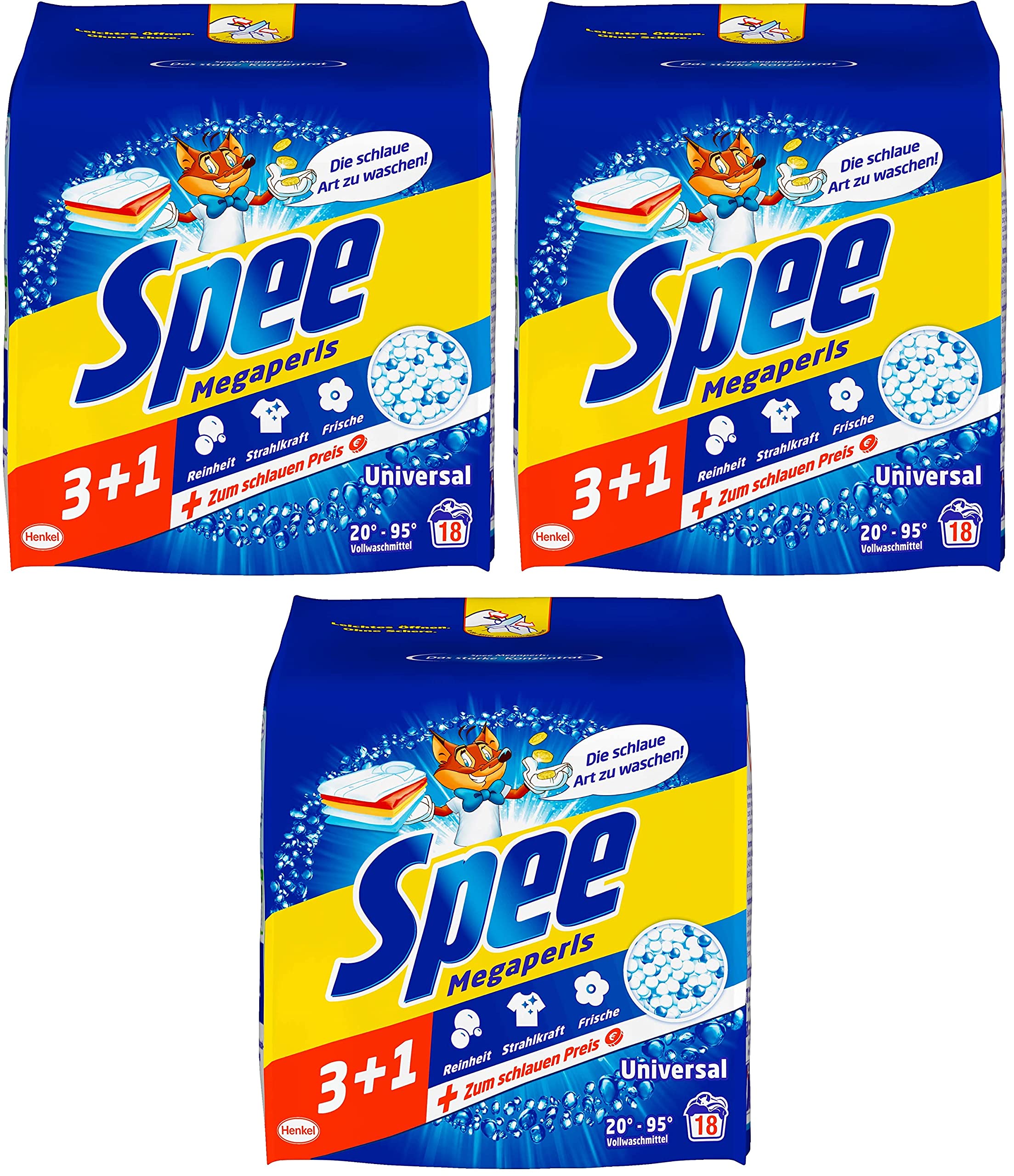 Spee, Megaperls Universal 3+1, Vollwaschmittel, 54 (3 x 18) Waschladungen, Reinheit, Strahlkraft und Frische für deine Wäsche - zum schlauen Preis