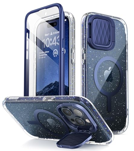 i-Blason Cosmo Mag für iPhone 15 Pro Max Hülle (6.7") mit Kameraschutz Ständer, [Kompatibel mit MagSafe] Glitzer Handyhülle Schlank Case Schutzhülle mit Displayschutz 2023, BlueGlitter