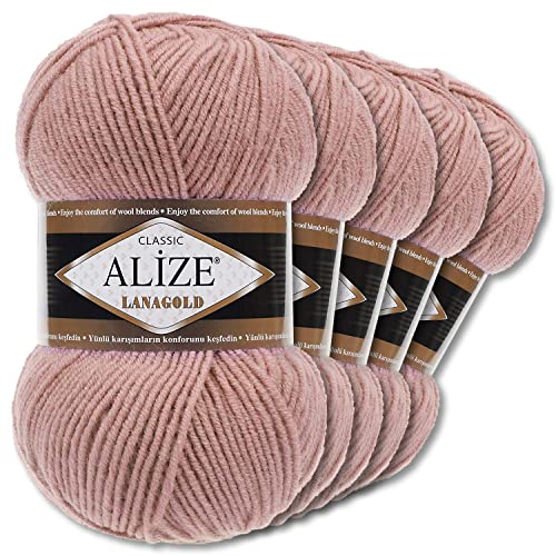 Alize 5 x 100 g Lanagold Wolle | 53 Auswahl | Stricken Häkeln Wolle (173 | Altrosa)