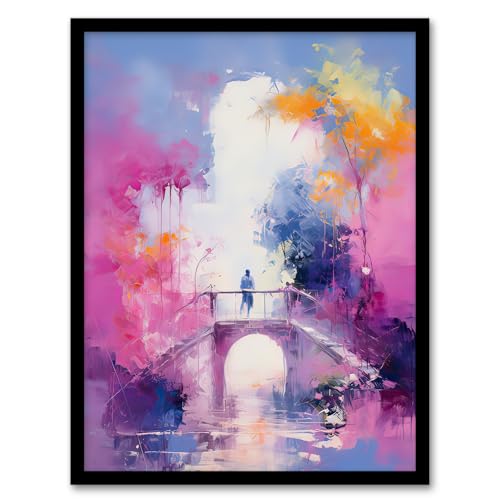 Bridge of Dreams Abstract Oil Painting Pink Blue Orange Conceptual Artwork River in Colourful Fantasy Landscape Artwork Framed Wall Art Print A4