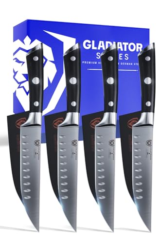 DALSTRONG Steak Knives 4-Piece Set - 5" - Straight-Edge Blade - Gladiator Series - Forged German High-Carbon Steel - Black G10 Handle - Sheaths Included - NSF Certified
