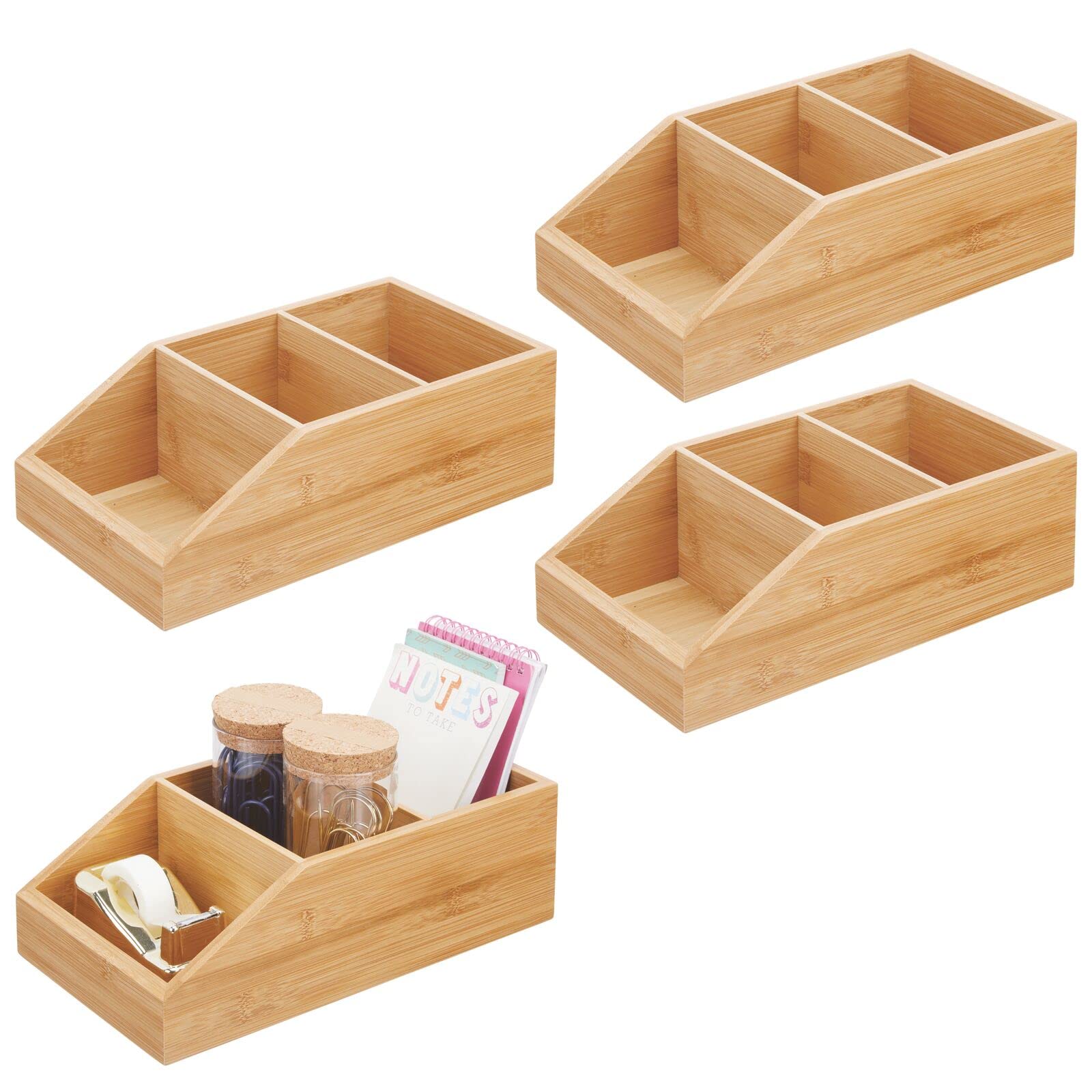 mDesign 4er-Set große Ordnungsbox aus Bambusholz – offene Bambuskiste mit 3 Fächern für Küche und Speisekammer – nachhaltiger Holzkasten für Lebensmittel aller Art – naturfarben