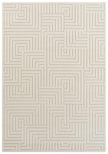Elle Decoration Manipu Flauschiger Kurzflor Teppich Moderner Wohnzimmerteppich – Hoch Tief Effekt Weich Labyrinth Muster-für Wohnzimmer Schlafzimmer Küche oder Esszimmer Creme, 80x150cm, 80x150 cm