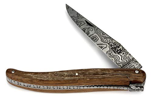 Forge de Laguiole Collection Taschenmesser - 12 cm - Griff 5000 Jahre alte Rinde der Mooreiche - Klinge 10 cm Kohlenstoff Damast