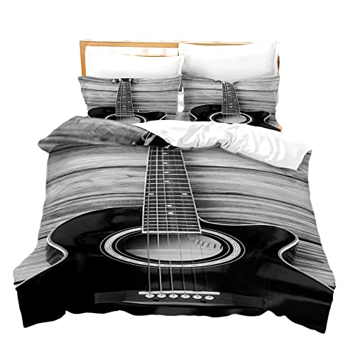 Rock'n'Roll Volk Elektrisch Gitarre Bettwäsche Set mit Reißverschluss Bettbezug Set mit Kissenbezug, 2/3 Teilig Musik Für Mann und Frau Nicht-Eisen Mikrofaser Leicht (Grau,200 x 200 cm)