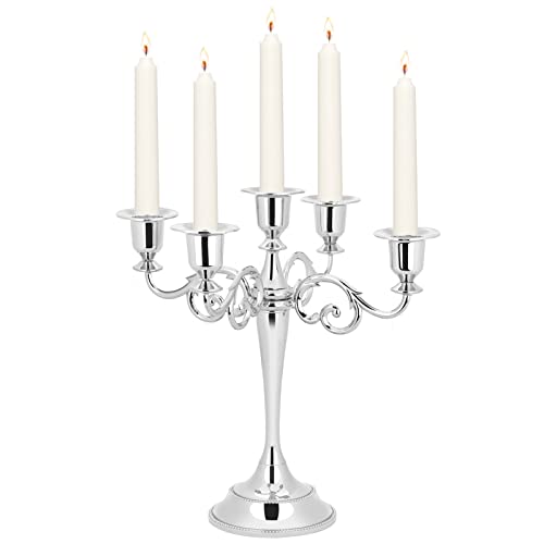 Kerzenleuchter, Retro Legierung Kerzenhalter Kerzenständer mit 5 Armen für Bar, Hochzeit, Party, Bankett, 26 x 26.5cm(Silber)