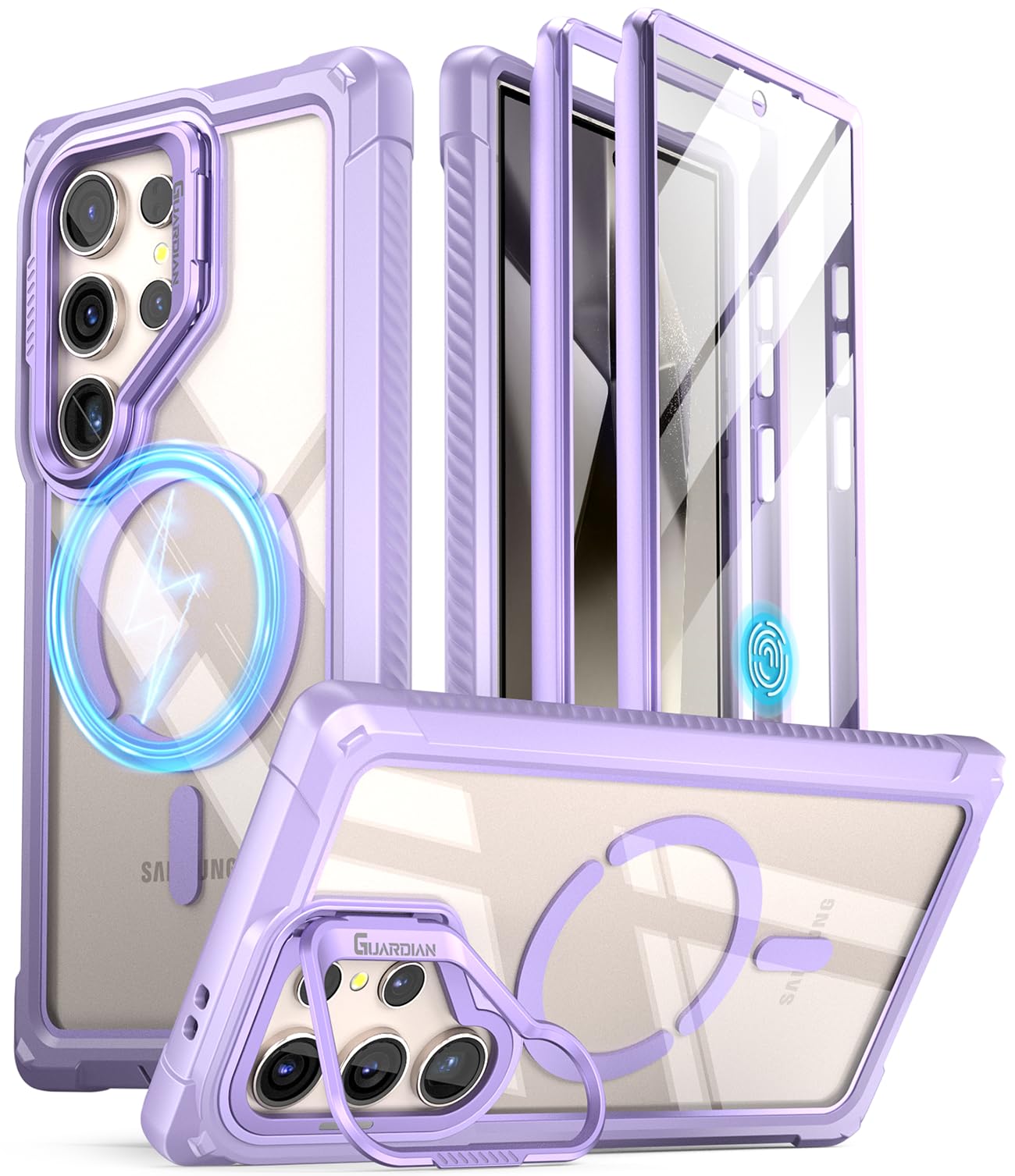 Poetic Guardian Hülle Kompatibel mit Galaxy S24 Ultra 5G 6,8 Zoll, [integrierter Kameraständer] [Displayschutz funktioniert mit Fingerabdruck-ID] Stoßfeste, Ganzkörper-Hybrid-Schutzhülle, Violett/Klar