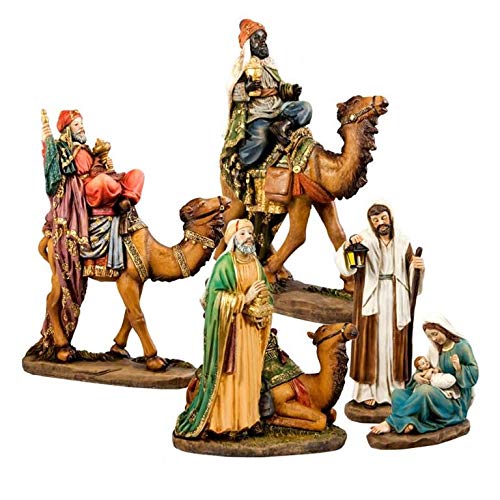 Weihnachtskrippe, 5-teilig, aus Kunstharz, mit Basis und König mit Kamel von 25 cm und Kamels 33 cm