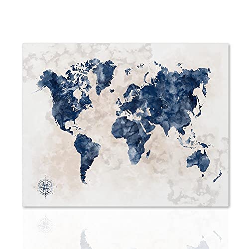 Kunstdruck auf Leinwand Weltkarte Moderne Bilder für Ihr Zuhause - Moderne Weltkarte fertig zum Aufhängen mit Holzrahmen handgefertigt