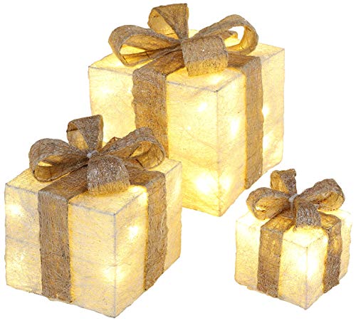 Bambelaa! 3er Led Deko Geschenke Leucht Boxen Timer Weihnachts Dekoration Weihnachtsdeko Beleuchtet Deko Weihnachten (Gold)