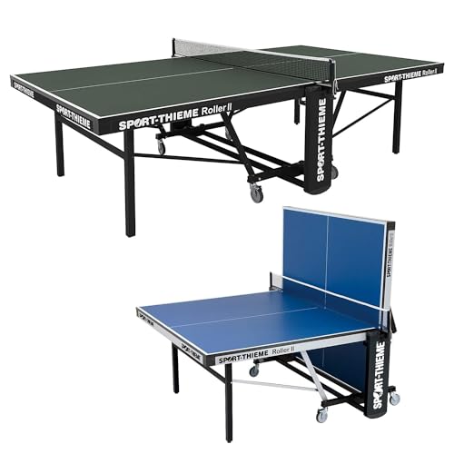 Sport-Thieme Tischtennistisch Roller II | Wettkampftisch nach DIN-Norm | Roll- und klappbar | Grün u. Blau | Indoortisch 155x69,5x152,5 cm | Höhenverstellbar | Markenqualität