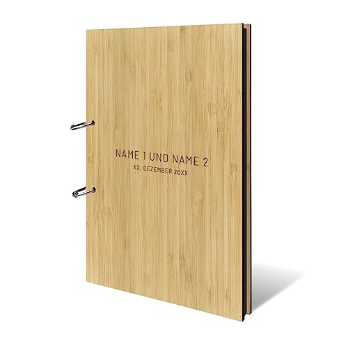 Personalisiertes Hochzeit Fotoalbum echtes Holz DIN A4 Hochzeitsbuch mit Lasergravur - Schlicht - mit 25 Blatt / 50 Seiten Fotokarton Schwarz