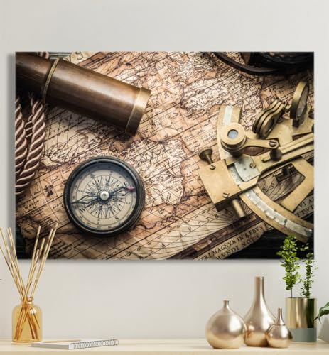 MyMaxxi - Premium Leinwandbild auf Keilrahmen Kompass Landkarte Wandbild Design Wand Dekoration, Foto Mehrfarbig Leinwand - Navigationsinstrumente, Groesse_leinwand:80x120 cm