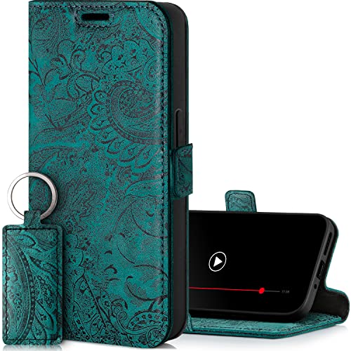 SURAZO Premium Slim Magnet Handyhülle für Samsung Galaxy S24 Hülle Leder – Klappbare Echtleder Schutzhülle [mit Kartenfach, RFID Schutz, Blumenmuster] Klapphülle Wallet Case Cover Lederhülle (Türkis)