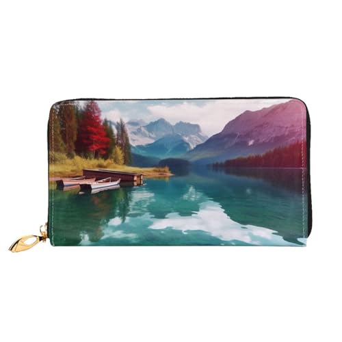 YoupO Scenic Lake Geldbörse für Frauen Leder Geldbörse mit Reißverschluss Münztaschen Mode Handtasche Tasche, Schwarz , Einheitsgröße