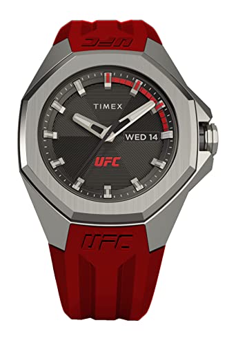 Timex UFC Pro Herren-Armbanduhr, 44 mm, rotes Armband, schwarzes Zifferblatt, silberfarbenes Gehäuse, rot