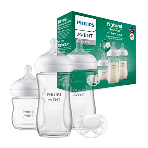 Philips Avent Babyflaschen aus Glas, Geschenkset für Neugeborene – 3 Babyflaschen Natural Response, ultra soft Schnuller, für Babys von 0–6 Monaten und älter (Modell SCD878/11)