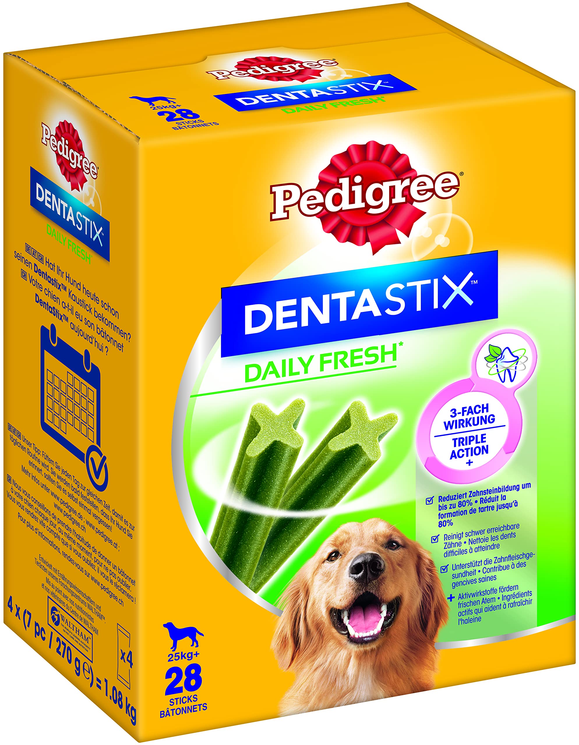 Pedigree DentaStix Daily Fresh Zahnpflegesnack für große Hunde (+25kg), 112 Sticks, 4er Pack, 4x28 Stück – Hundeleckerlis für jeden Tag, für gesunde Zähne und einen frischen Atem