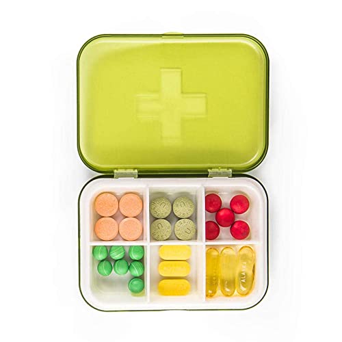 SkVLf Reise-Pillendose mit 6 Fächern, grün, für Vitamine und Fischöl, für Geldbörsen und Taschen