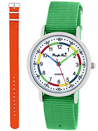 Pacific Time Lernuhr Mädchen Jungen Kinder Armbanduhr 2 Armband grün + orange analog Quarz 11074