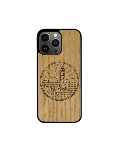 Enowood Schutzhülle aus Holz für iPhone 15 Pro Max – Motiv: Leuchtturm – Esche