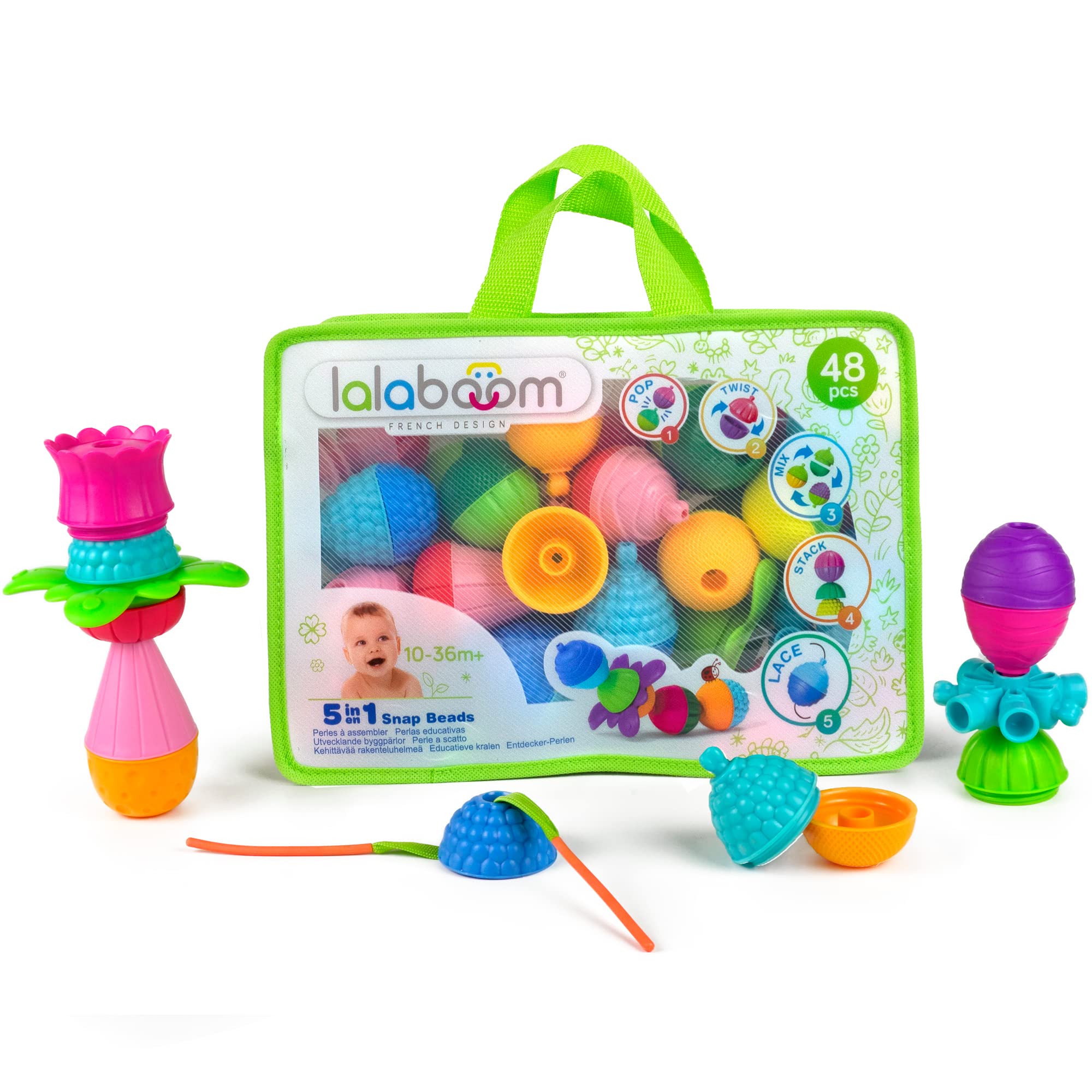 Lalaboom - Preschool Educational Beads - Montessori Shapes and Colors Construction Game and Learning Toy for Babies and Children from 10 Months to 4 Years Old - BL460, 48 Pieces in a Zipper Bag, Klein