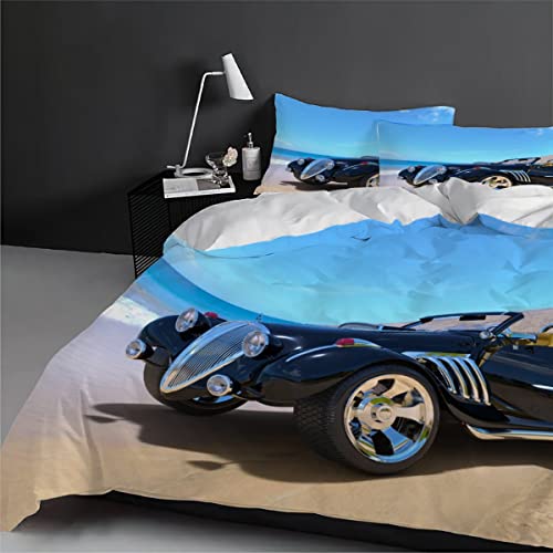 Bettwäsche 155x220 Cabrio 3D Motiv Sportwagen Bettbezug Teenager Jungen Mädchen Sommer Weich Mikrofaser Bettwäsche Set Bettbezüge mit Reißverschluss mit 2 Kissenbezug 80x80cm