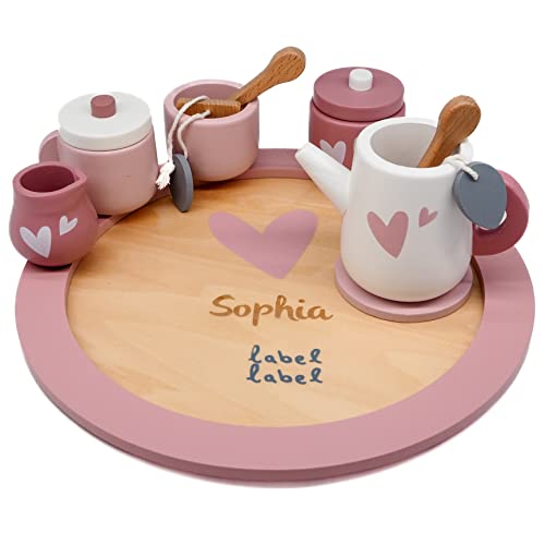 Holz Tee Set rosa - personalisierbar I Handmade Holzspielzeug ab 2 Jahren I Label-Label Teeservice Kinderküche I Geburtstagsgeschenk für Kinder I Teeparty-Spielset mit Name