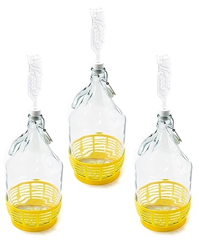 WYSKONT Enghals Ballonflasche mit Bügelverschluss, Schutzkorb, Luftschleuse und Stopfen für die Weinherstellung, Gärung, Getränkeaufbewahrung, aus transparentem Glas, 3 Stück x 5 l