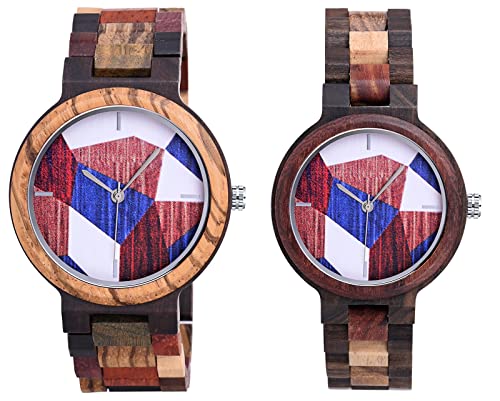 SUPBRO Paar Armbanduhr Damen Analog Quarzuhr Armbanduhr Herren Uhren Bunt Spleißen Holzuhr mit Holzarmband