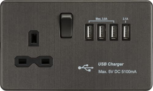 Schraubenlose 13 A Schaltersteckdose mit Quad-USB-Ladegerät (5,1 A) – Rauchbronze