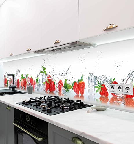 MyMaxxi - Selbstklebende Küchenrückwand Folie ohne Bohren - Motiv Erdbeeren Rot Weiß 60cm hoch- Klebefolie Wandtattoo Wandbild Küche - Wand-Deko - Eiswürfel Obst Früchte Kräuter, 400 x 60cm