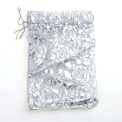 SOELIZ 50 Stück Mix Love Herz Rose Organzabeutel Hochzeit Voile Geschenkbeutel mit Süßigkeiten Schmuckverpackung-Silber,17x23cm