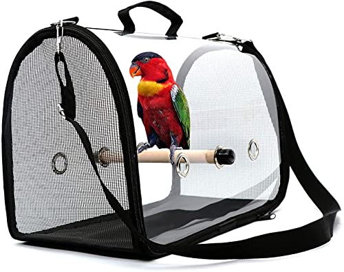 Vogel-Papageien-Tragetasche Tragbarer Reise-Vogelkäfig, Leichter Vogel-Reisekäfig PVC Transparente Atmungsaktive Papageien-Handtasche mit Holzstab (Schwarz)