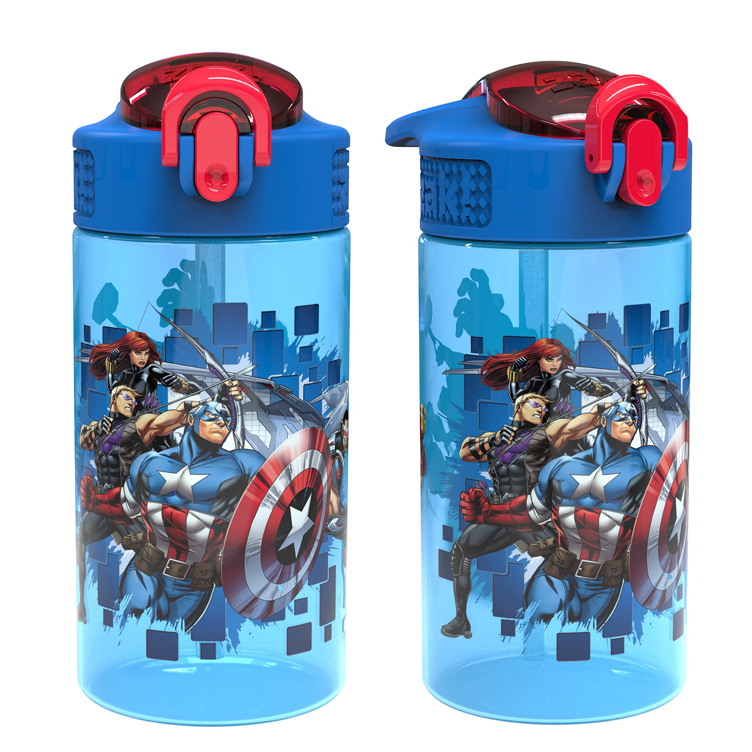 Zak Designs Robuste Kunststoff-Auslaufabdeckung für Kinder und integrierte Trageschlaufe, auslaufsicheres Wasserdesign für Reisen, (473 ml, 2-teiliges Set), Marvel Avengers