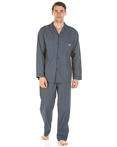 Haigman Herren-Schlafanzug, pflegeleicht, gewebter Baumwollanteil, bedruckt, langärmelig, traditionell, maßgeschneidert, Marineblauer Geo-Print, XXL